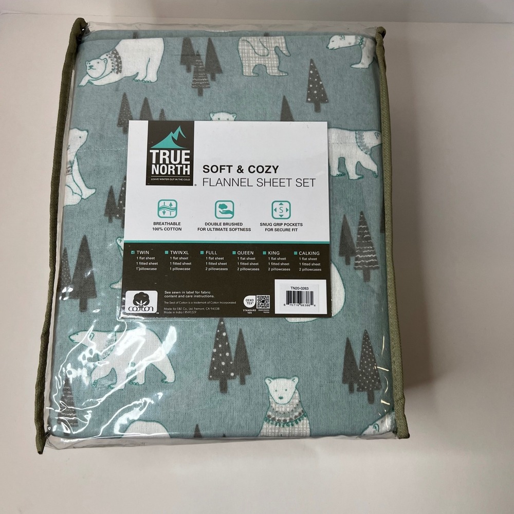 True North Soft & Cozy Flannel Sheet Set Polar Bear Trees Green Twin Cotton NIP